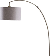 86" beige and antique gold arched floor lamp featuring a gray drum shade, showcasing a sleek and modern design.
