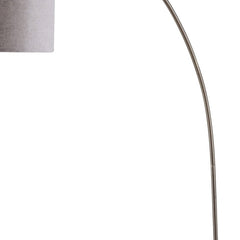 86" beige and antique gold arched floor lamp featuring a gray drum shade, showcasing a sleek and modern design.