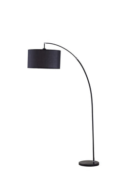 86" black metal arc floor lamp with a black fabric drum shade and a circular base, offering a modern lighting solution.