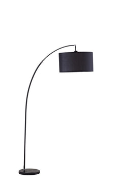 86" black metal arc floor lamp with a black fabric drum shade, featuring a sleek curved design and a sturdy base.