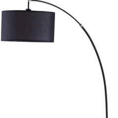 86" Black Metal Arc Floor Lamp with a black fabric drum shade, featuring a sleek curved design for modern decor.