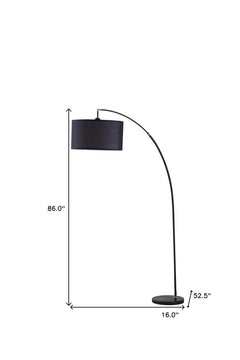 86" black metal arc floor lamp with a black fabric drum shade, featuring a sleek curved design and a round base.