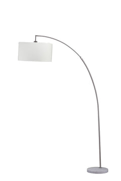 86" White and Silver Arc Floor Lamp with a white drum shade and a sleek marble base, perfect for modern decor.