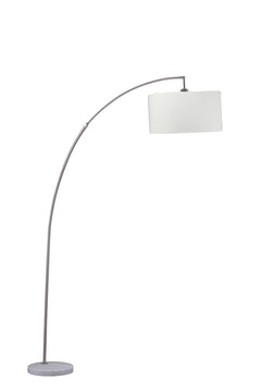 86" White and Silver Arc Floor Lamp with a sleek design, featuring a white drum shade and a sturdy marble base.