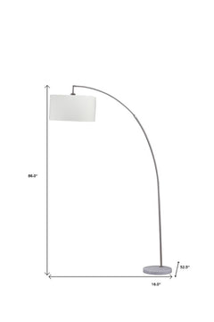 86" White and Silver Arc Floor Lamp with a white drum shade, featuring a sleek curved design and a stable round base.