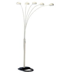 84" White Five Light Arc Floor Lamp with a sleek design featuring five curved arms and white dome shades. Sturdy base for sta