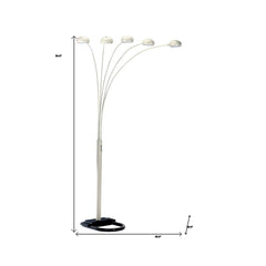 84" White Five Light Arc Floor Lamp with White Dome Shade features a sleek design with five curved arms and a sturdy base.