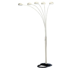 84" White Five Light Arc Floor Lamp with five curved arms and white dome shades, featuring a sturdy black base.