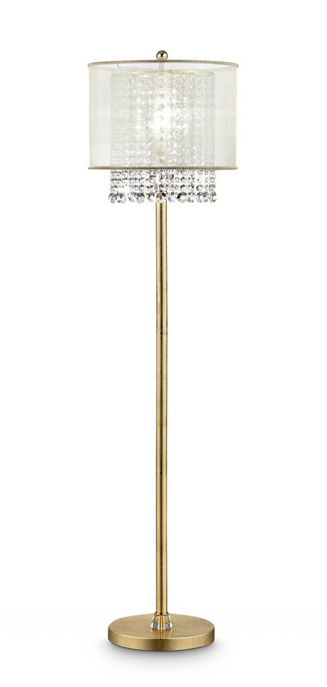 Gold metal novelty floor lamp with a gold base and a white fabric drum shade.