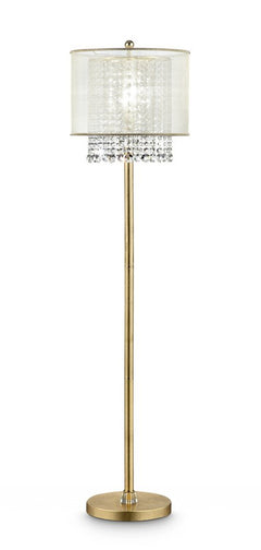 65" Gold and white novelty floor lamp featuring a white fabric drum shade and crystal accents for a stylish touch.