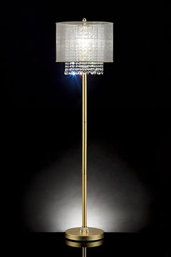 65" gold and white novelty floor lamp featuring a white fabric drum shade and decorative crystal accents. Elegant design for 