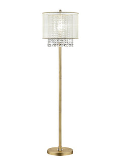 65" Gold and white floor lamp featuring a white fabric drum shade and decorative crystal accents. Elegant and modern design.