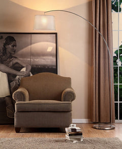 85" Silver Adjustable Arched Floor Lamp With White Fabric Drum Shade
