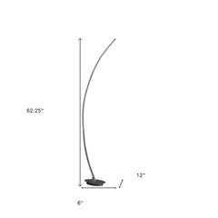 62" Silver and Soft White Arc LED Floor Lamp with a sleek design, featuring a curved body and a round base.