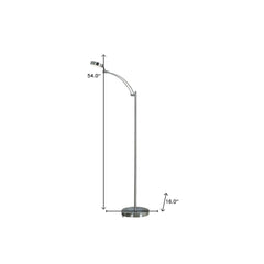 54" Silver Adjustable LED Task Floor Lamp with a sleek design, featuring a curved arm and round base for stability.