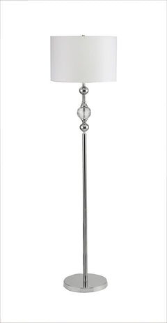 63" Chrome and Crystal Orb Shaped Floor Lamp with White Drum Shade, featuring a sleek chrome base and elegant crystal accent.