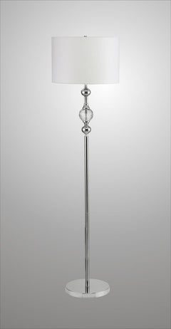 63" Chrome and Crystal Orb Shaped Floor Lamp with a white drum shade, featuring a sleek chrome base and decorative crystal or