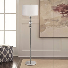 63" Chrome and Crystal Orb Shaped Floor Lamp with White Drum Shade, featuring a sleek design and elegant accents.