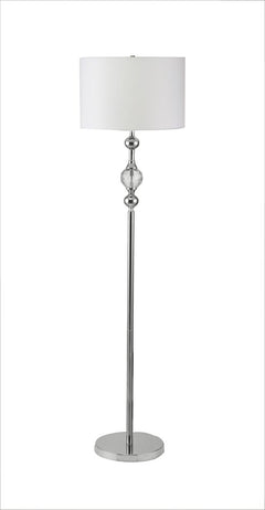 63" chrome and crystal orb-shaped floor lamp with a white drum shade and a sleek base, perfect for modern decor.