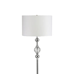 63" Chrome and Crystal Orb Shaped Floor Lamp with White Drum Shade featuring a sleek design and elegant crystal accents.