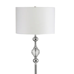 63" Chrome and Crystal Orb Shaped Floor Lamp with a white drum shade, featuring a sleek design and elegant crystal accents.