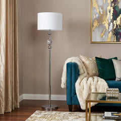 63" Chrome and Crystal Orb Shaped Floor Lamp with White Drum Shade, featuring a sleek design and elegant accents in a cozy li