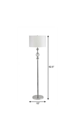 63" Chrome and Crystal Orb Shaped Floor Lamp with White Drum Shade, featuring a sleek chrome base and elegant design.