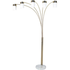84" Gold and White Five Light Arched Floor Lamp featuring white acrylic drum shades and a marble base. Elegant and modern des