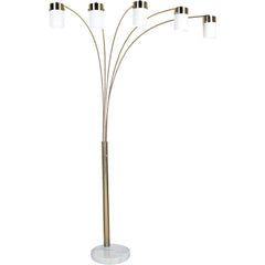 Gold and white five-light arched floor lamp with white acrylic drum shades and a marble base. Elegant design for modern decor