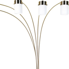Gold and white five-light arched floor lamp with white acrylic drum shades and curved metal arms. Ideal for modern decor.