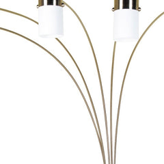 Gold and white five-light arched floor lamp featuring white acrylic drum shades and elegant curved arms.