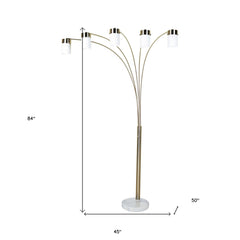 84" Gold and White Five Light Arched Floor Lamp with white acrylic drum shades, featuring a sleek gold finish and marble base