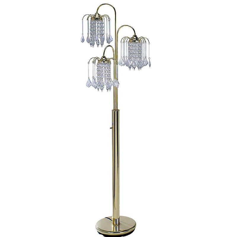 Gold three-light candelabra floor lamp featuring clear faux crystal shades and an elegant design, standing 63 inches tall.