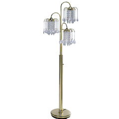 Gold three-light candelabra floor lamp with clear faux crystal shades, featuring elegant hanging crystals and a sturdy base.