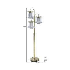 Gold three-light candelabra floor lamp with clear faux crystal shades, standing 63 inches tall and 18 inches wide.