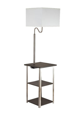 58" Steel Tray Table Floor Lamp with white square shade, featuring a sleek design and two open shelves for storage.