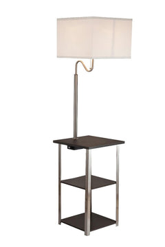 58" Steel Tray Table Floor Lamp with a white square shade, featuring a sleek design and two open shelves for storage.