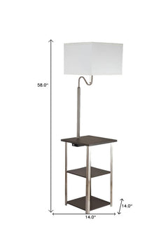 58" Steel Tray Table Floor Lamp with a white square shade, featuring a sleek design and two open shelves for storage.