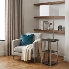 58" Steel Tray Table Floor Lamp with White Square Shade beside a cozy armchair, featuring a blue pillow and a throw blanket.