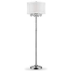 63" Silver Three Light Candelabra Floor Lamp with a white fabric drum shade and decorative crystal accents.