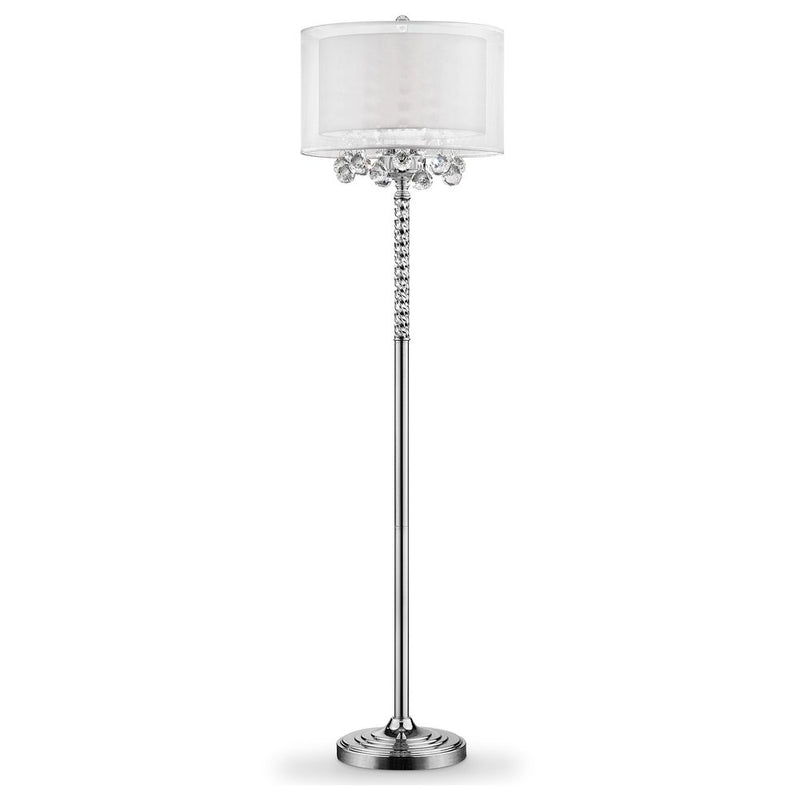 Silver three light candelabra floor lamp with a white fabric drum shade.