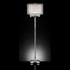 63" Silver Three Light Candelabra Floor Lamp with a white fabric drum shade and decorative crystal accents.