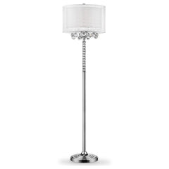 63" Silver Three Light Candelabra Floor Lamp with a white fabric drum shade and decorative crystal accents.