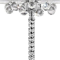 Silver three-light candelabra floor lamp with white fabric drum shade and crystal accents on a twisted pole.