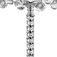 Silver candelabra floor lamp with a twisted base and white fabric drum shade, featuring three light fixtures and decorative c