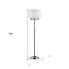 63" Silver Three Light Candelabra Floor Lamp with a white fabric drum shade, featuring a sleek design and crystal accents.