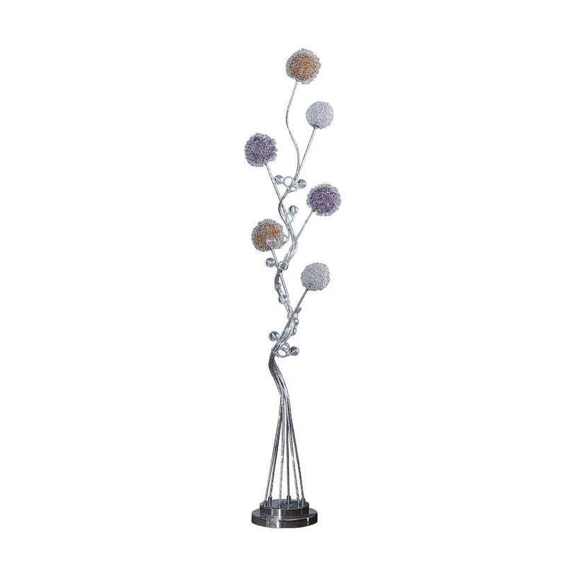 Silver six-light LED floor lamp with purple and white metal novelty shade.