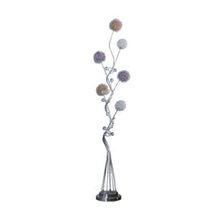 59" Silver Six Light LED Novelty Floor Lamp with a twisting design and purple and white metal shades resembling flowers.