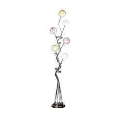 59" Silver Six Light LED Novelty Floor Lamp featuring a unique design with purple and white metal shades resembling flowers.