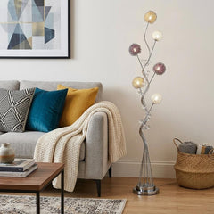 59" Silver Six Light LED Novelty Floor Lamp with purple and white metal shade, featuring a modern design and floral accents.
